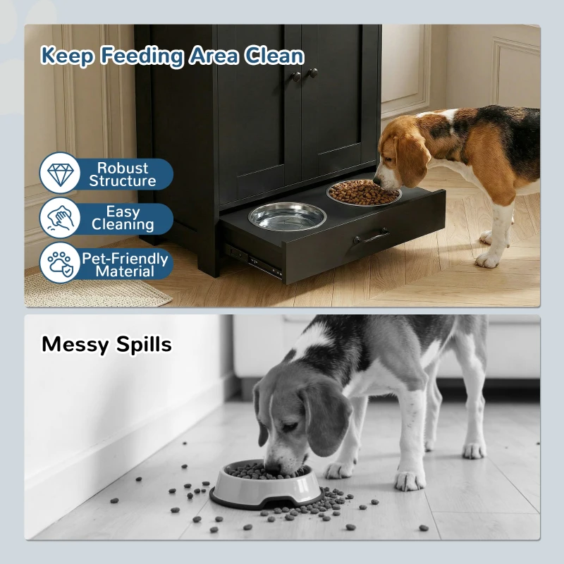 PawHut Pet Feeding Station, Dog Food Storage Cabinet w/ Raised Dog Bowls, Adjustable Panel, Hooks for Medium Dogs, Black