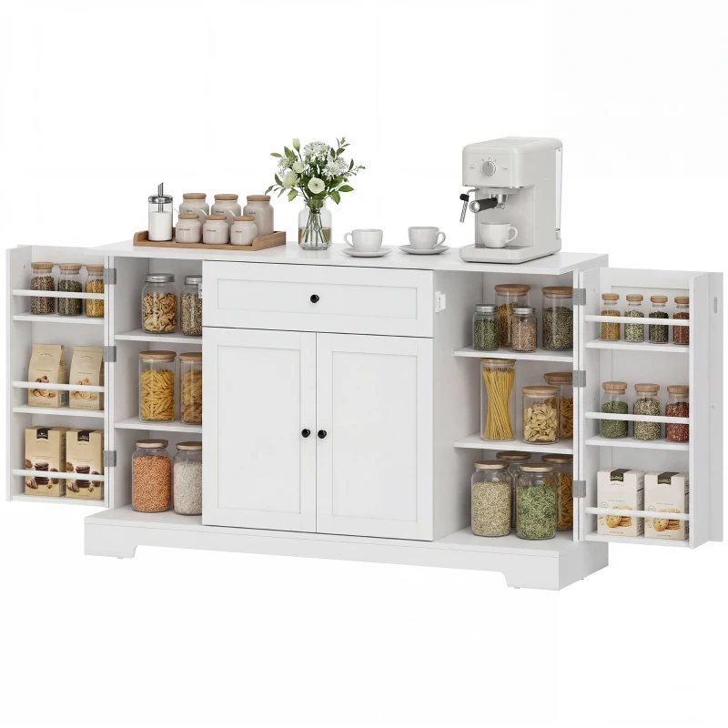 HOMCOM 55" Modern Kitchen Storage Cabinet with Drawer, Adjustable Shelves, Small Kitchen Pantry with Door Racks, White