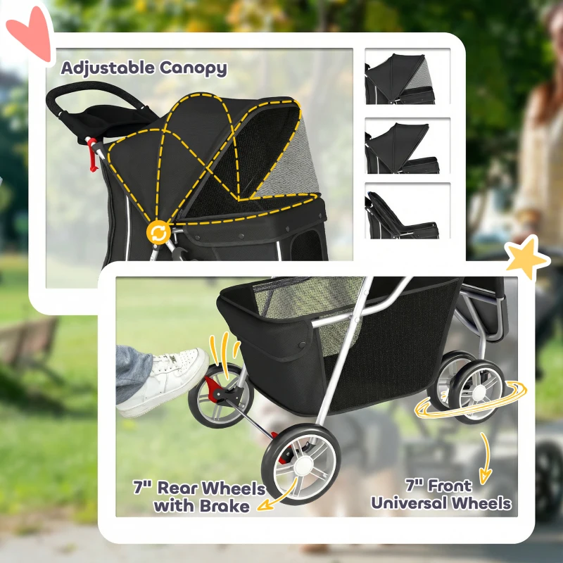 PawHut 3 Wheels Foldable Dog Stroller with Storage Basket, Adjustable Canopy, Cupholder for Miniature and Small Dogs, Black
