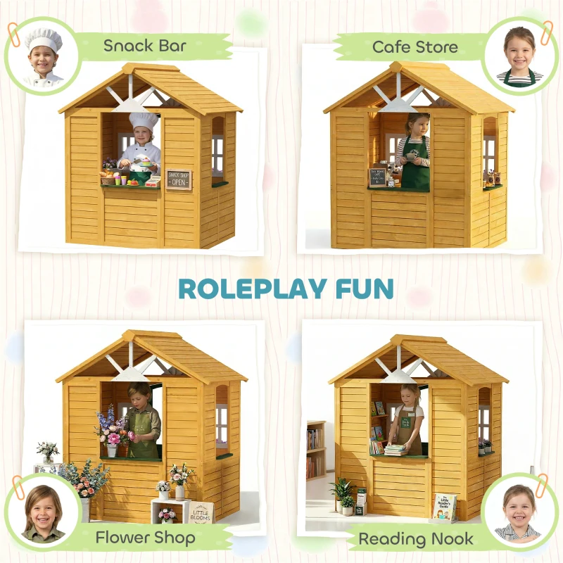 Qaba Outdoor Playhouse, Wooden Kids Playhouse with Door, 3 Windows, 2 Flower Boxes for Garden, Indoor Playroom, Ages 3–8