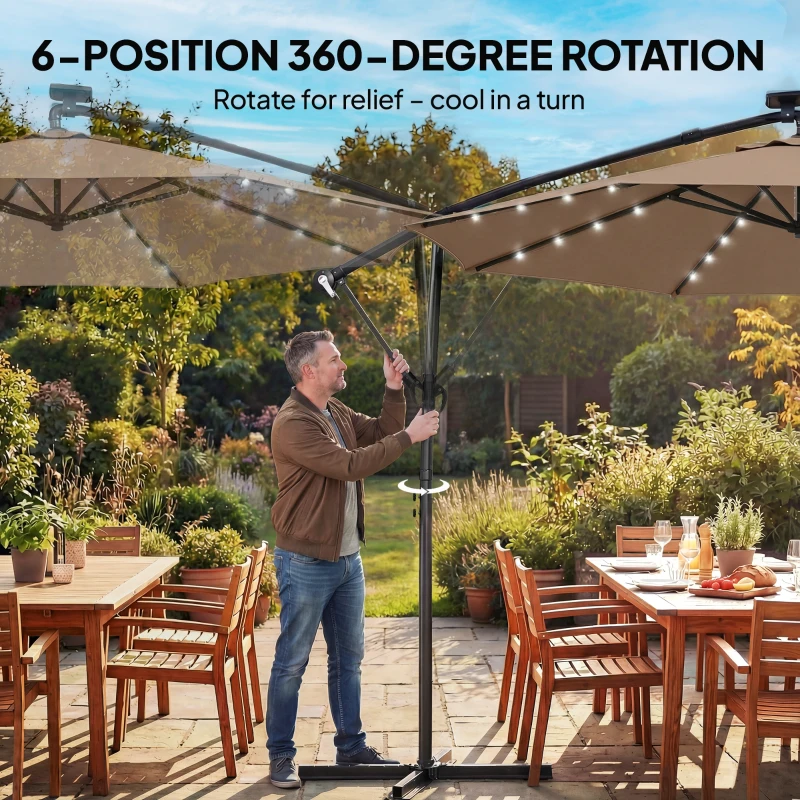Outsunny 9.7 ft Cantilever Patio Umbrella with Solar Light, Garden Hanging Parasol with Cover, Tilt, Crank, Khaki