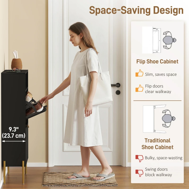 HOMCOM Shoe Cabinet with 2 Flip Drawers, Modern Narrow Shoe Storage Cabinet with Open Compartment, Adjustable Shelves, Black