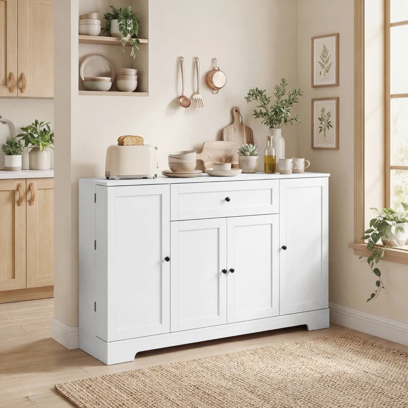 HOMCOM 55" Modern Kitchen Storage Cabinet with Drawer, Adjustable Shelves, Small Kitchen Pantry with Door Racks, White