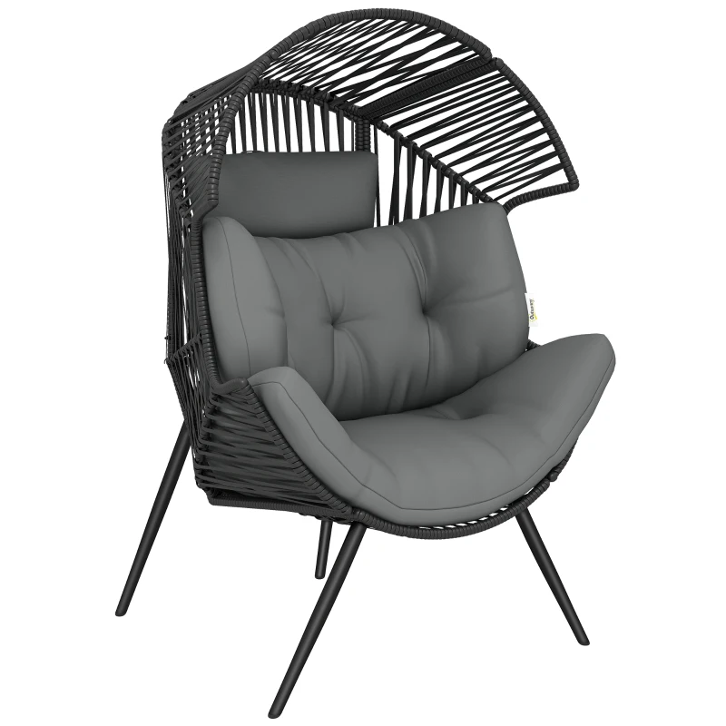 Outsunny Wicker Egg Chair, Indoor Outdoor Rattan Lounge Chair with Thick Cushion and Headrest, Steel Frame, Adjustable Pads, Grey