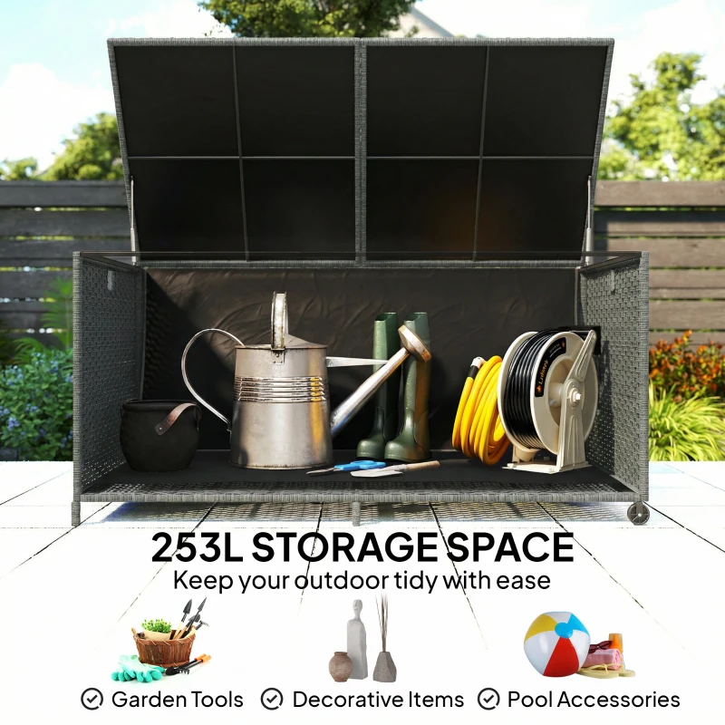 Outsunny 162 Gallon Rattan Deck Box with Wheels, Wicker Outdoor Storage Box with Waterproof Zippered Liner, Safe Pneumatic Rod