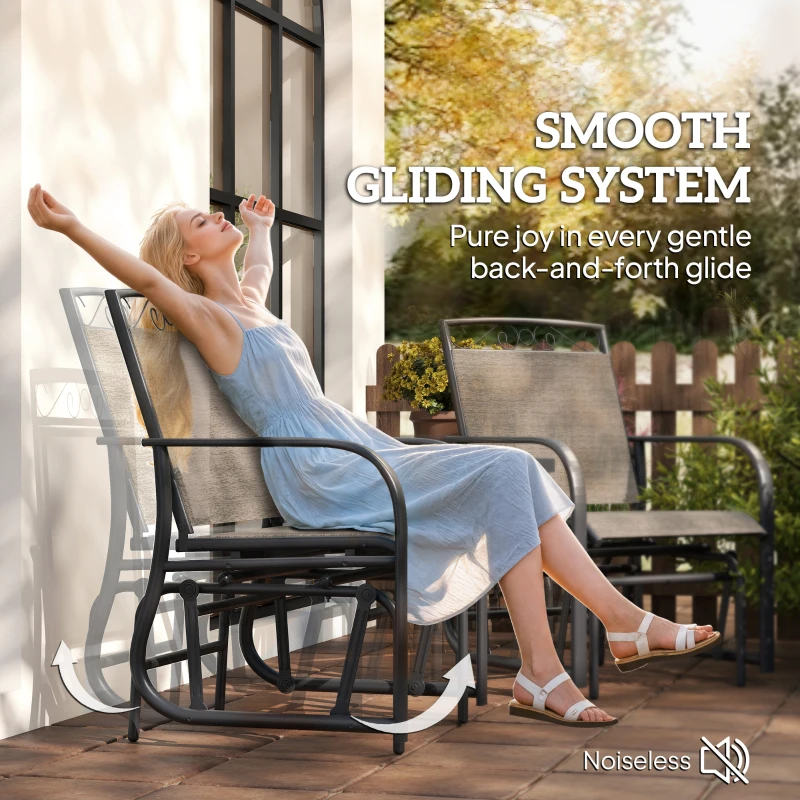 Outsunny Outdoor Glider Chairs with Coffee Table, Patio 2-Seat Rocking Chair Swing with Breathable Sling for Backyard, Garden and Porch, Brown