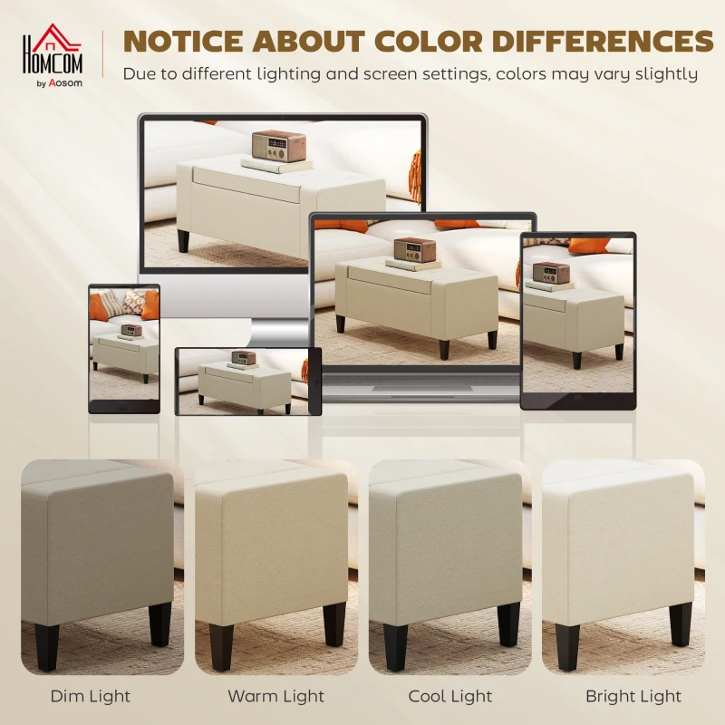 HOMCOM 36" Storage Ottoman Bench, Linen-Look Fabric End of Bed Bench with Solid Wood Frame and Legs, Tufted Storage Chest, Footrest for Living Room, Bedroom, Entryway, Beige