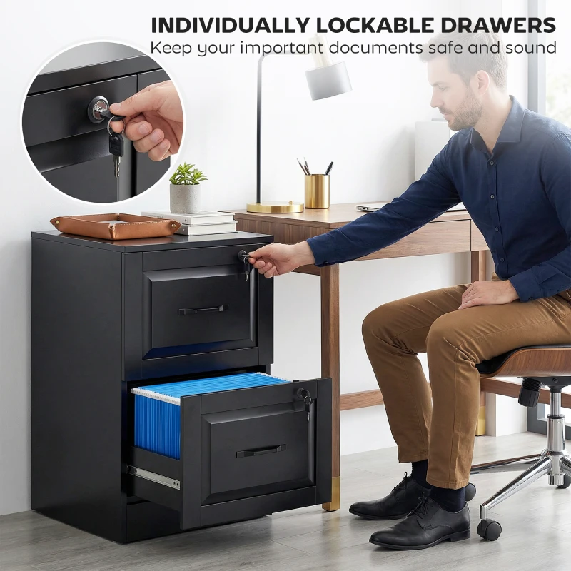 HOMCOM 2 Drawer File Cabinet with Lock, Vertical Filing Cabinet with Adjustable Hanging Bars for A4 and Letter Size, Black