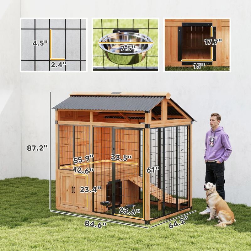 PawHut 7' x 5' Extra Large Dog House, Wood Outdoor Dog Kennel with Platform, Storage Cabinet for Large Breeds, Yellow