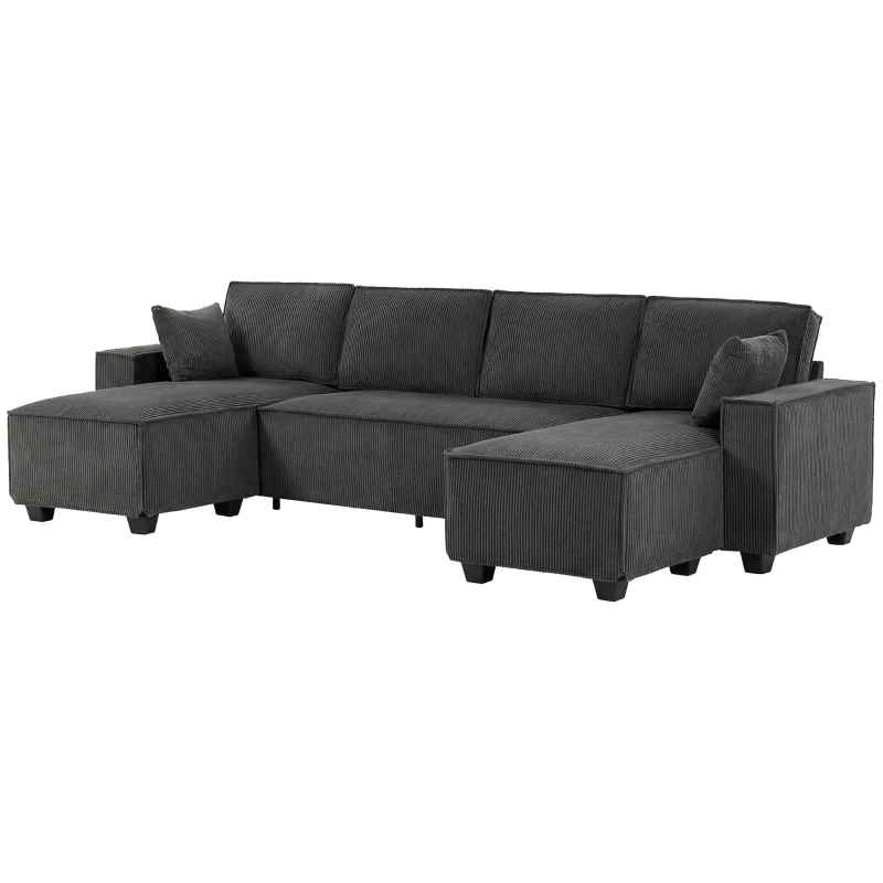 HOMCOM Modular U Shaped Couch, Sectional Sofa with Double Chaises and Spring Cushions, Dark Grey
