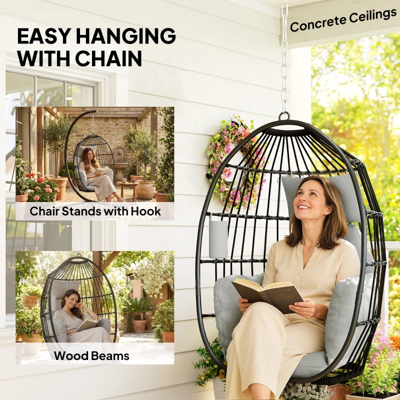 Outsunny Hanging Egg Chair Without Stand, Foldable Basket Swing Chair with Head Pillow, Soft Cushion and Cup Holder, Dark Grey