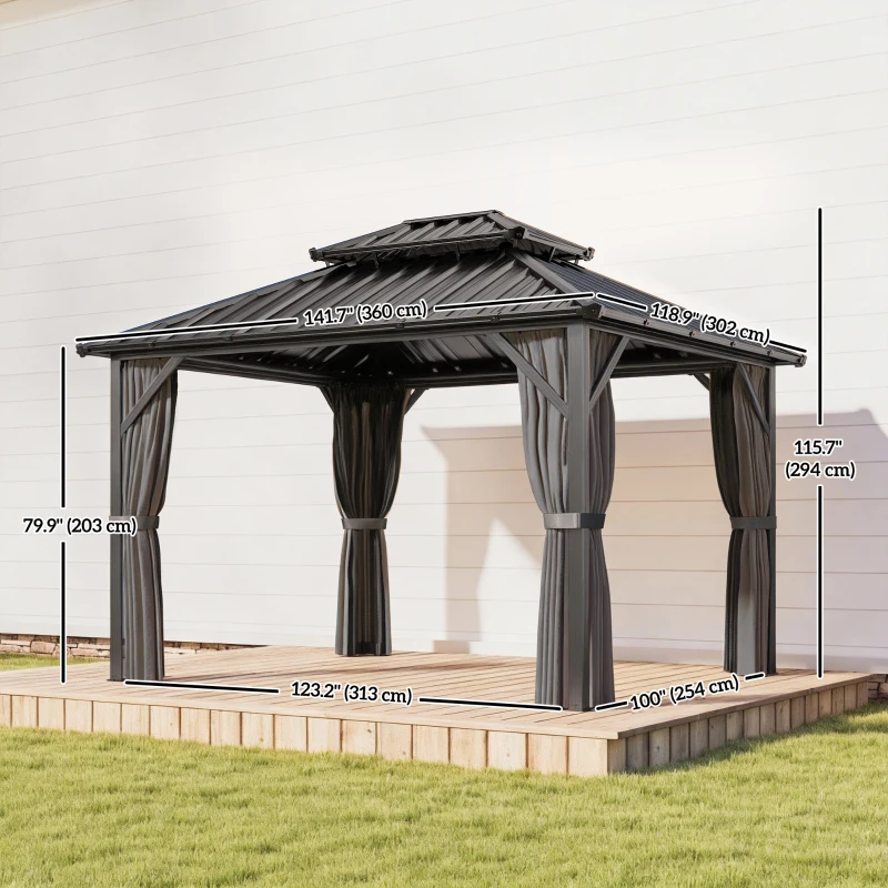 Outsunny 10' x 12' Hardtop Gazebo Canopy with Double Galvanized Steel Roof, Aluminium Frame Permanent Outdoor Gazebo, Dark Grey