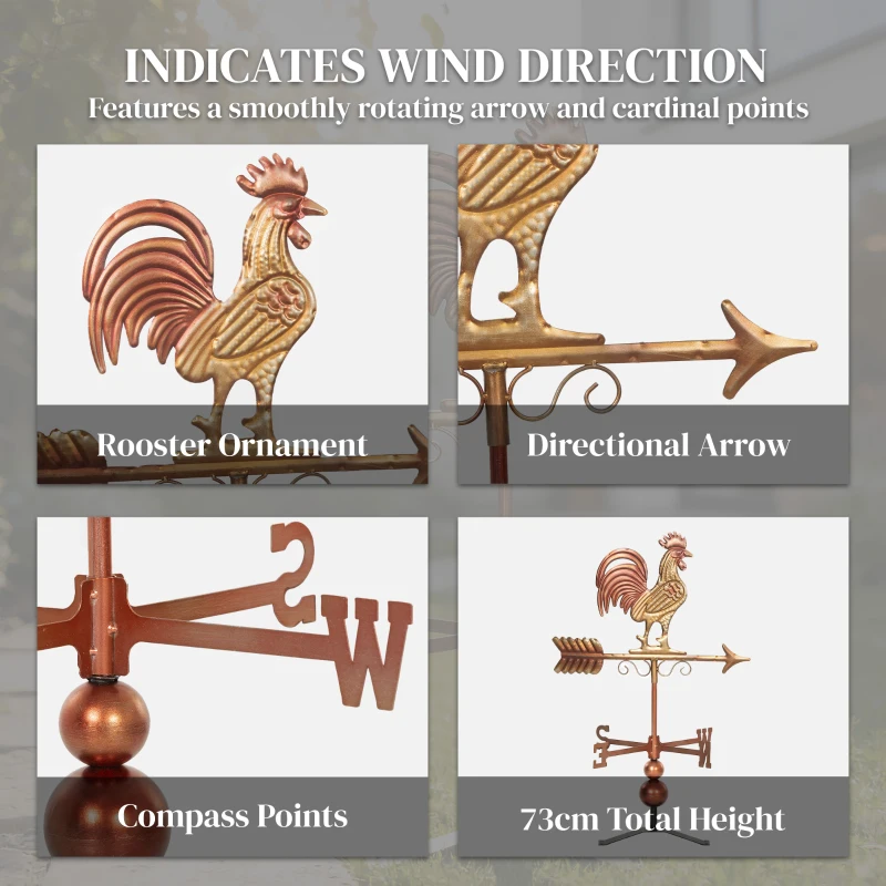 Outsunny Metal Rooster Weathervane, Roof Mount Wind Direction Indicator, Outdoor Weather Vanes