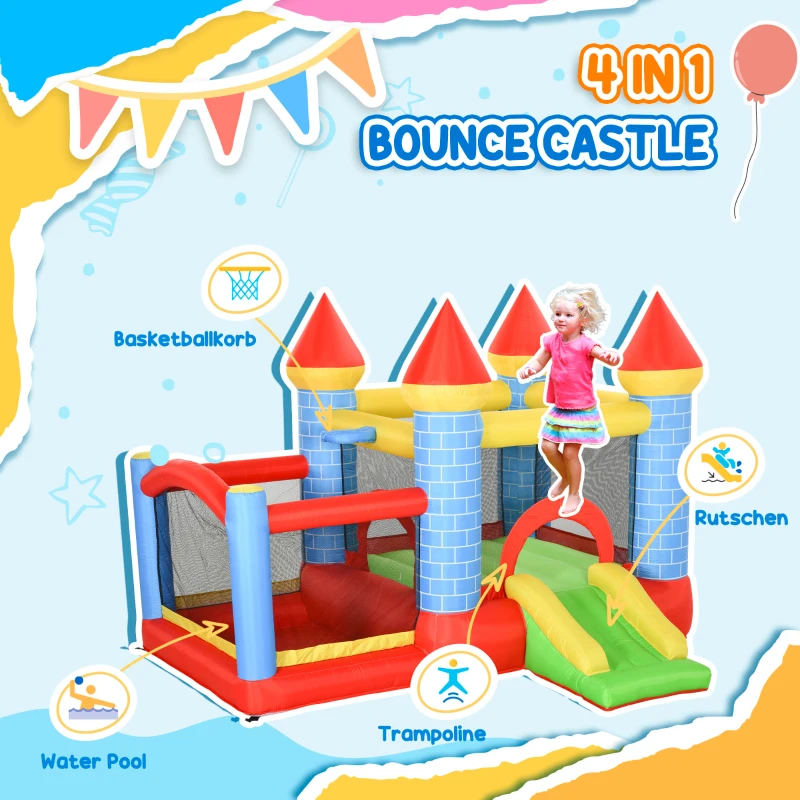 Qaba 9.2 x 9.5FT Bounce House, 4 in 1 Inflatable Bouncy Castle for Kids With Trampoline, Slide, Water Pool, Basket, Blower