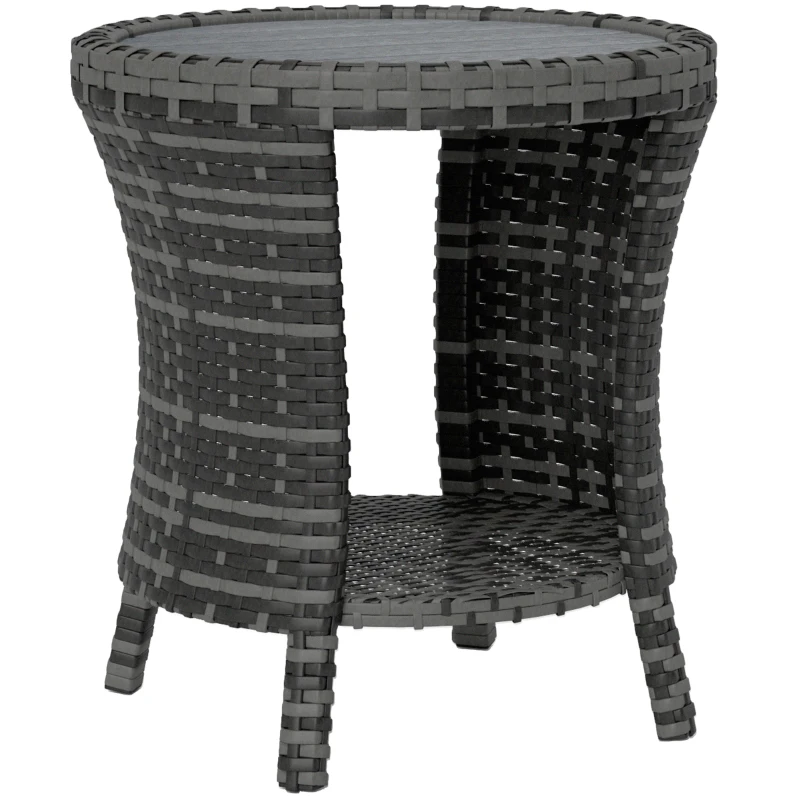Outsunny 18" Wicker Outdoor Coffee Table, PE Rattan Patio Side Table with 2-Tier Storage, Composite Wood Top, Grey