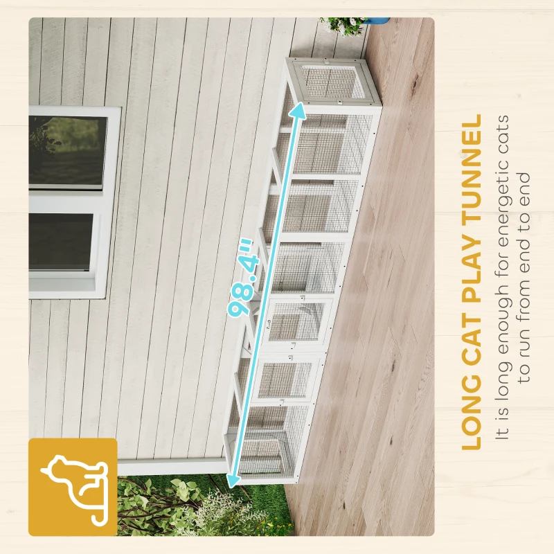 PawHut Wooden 98" Cat Tunnel for Outdoor with Combinable Design, 8 Doors, White