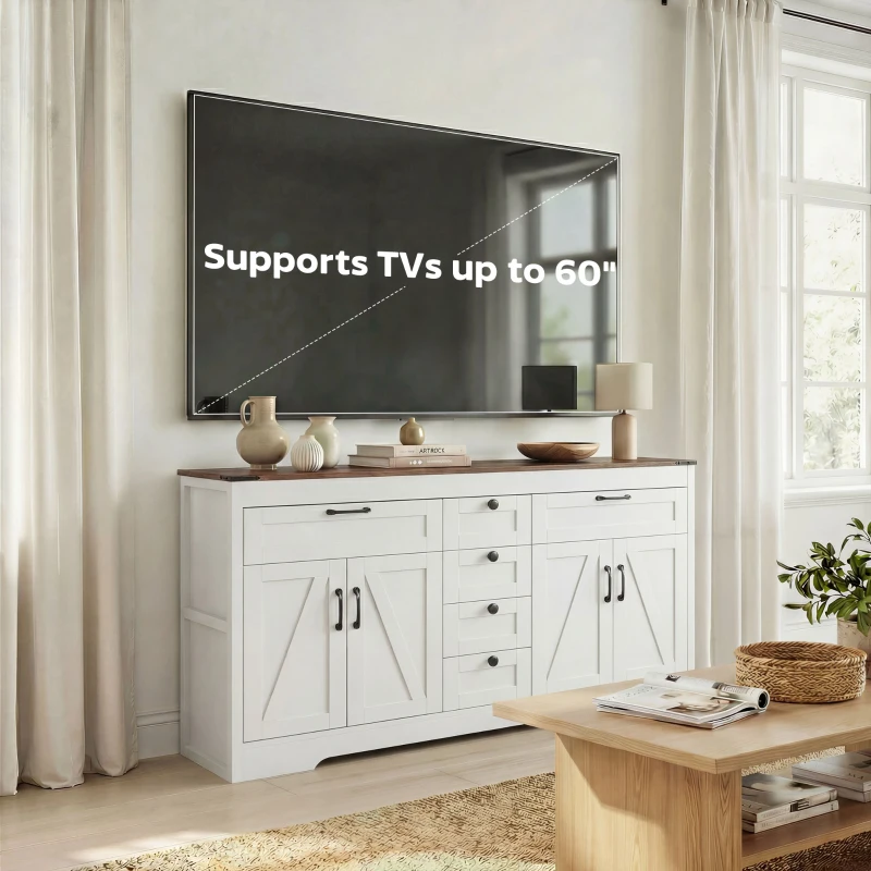 HOMCOM Sideboard Buffet Cabinet, 55" Farmhouse Kitchen Cabinet with 4 Barn Doors, 6 Drawers and 2 Adjustable Shelves, White