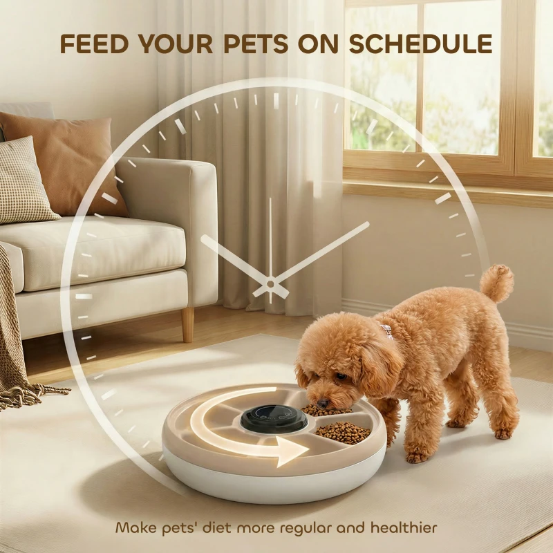 PawHut Automatic Cat Feeder for Dry Wet Food Timed Cat Dog Food Dispenser with 6 Trays 1 Ice Pack Battery Powered Light Brown