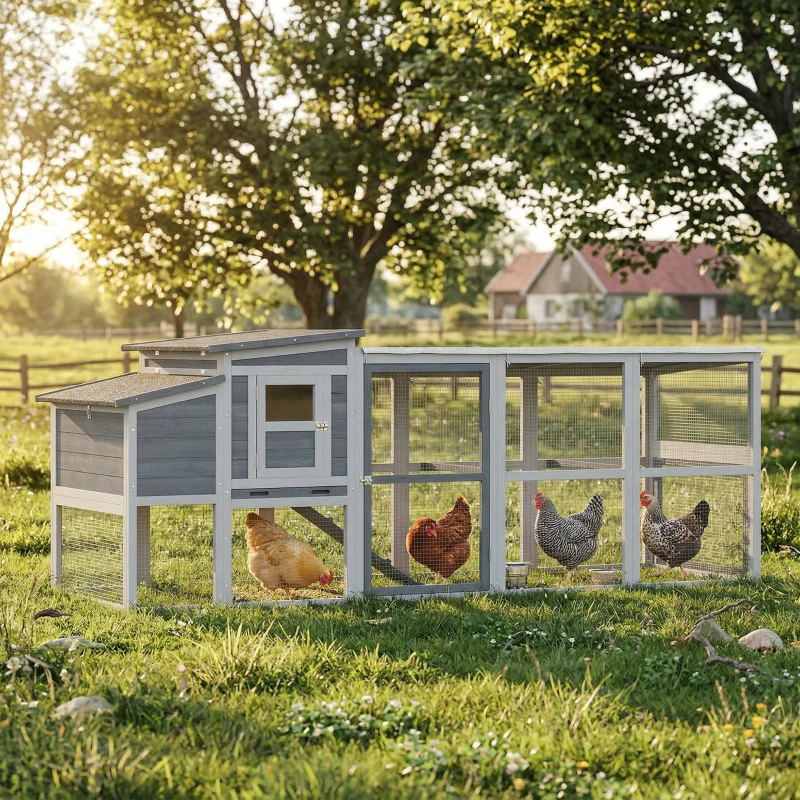 PawHut Large Chicken Coop, Wooden Hen House with Covered Run, Nesting Box, Pull-Out Tray, Opening Asphalt Roof