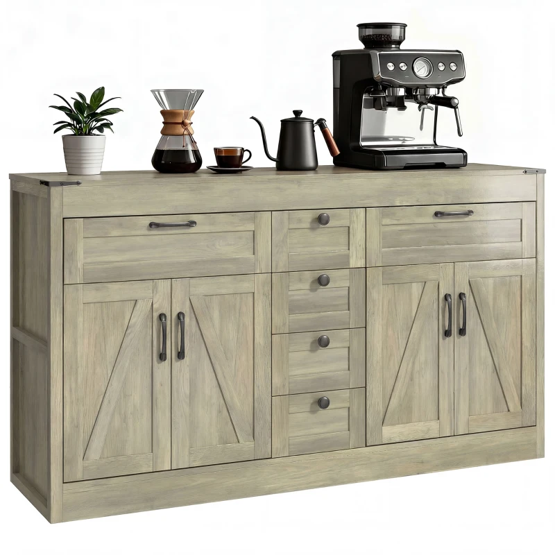 HOMCOM Sideboard Buffet Cabinet, 55" Farmhouse Kitchen Cabinet with 4 Barn Doors, 6 Drawers and 2 Adjustable Shelves, Grey
