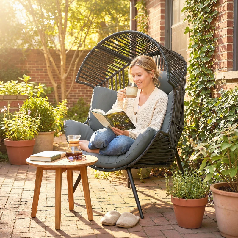 Outsunny Wicker Egg Chair, Indoor Outdoor Rattan Lounge Chair with Thick Cushion and Headrest, Steel Frame, Adjustable Pads, Grey