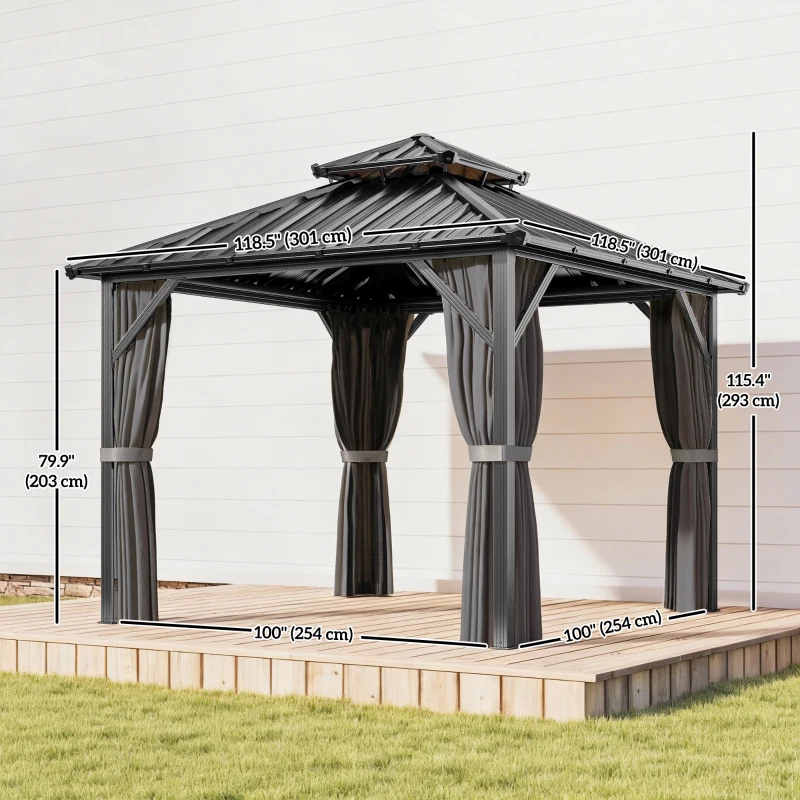 Outsunny 10' x 10' Hardtop Gazebo Canopy with Double Galvanized Steel Roof, Aluminium Frame Permanent Outdoor Gazebo, Dark Grey