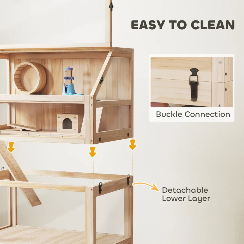 PawHut Wooden Hamster Cage with Detachable Lower Floor, Storage Shelf, Hut, Seesaw, Exercise Wheel, Ramps for Dwarf