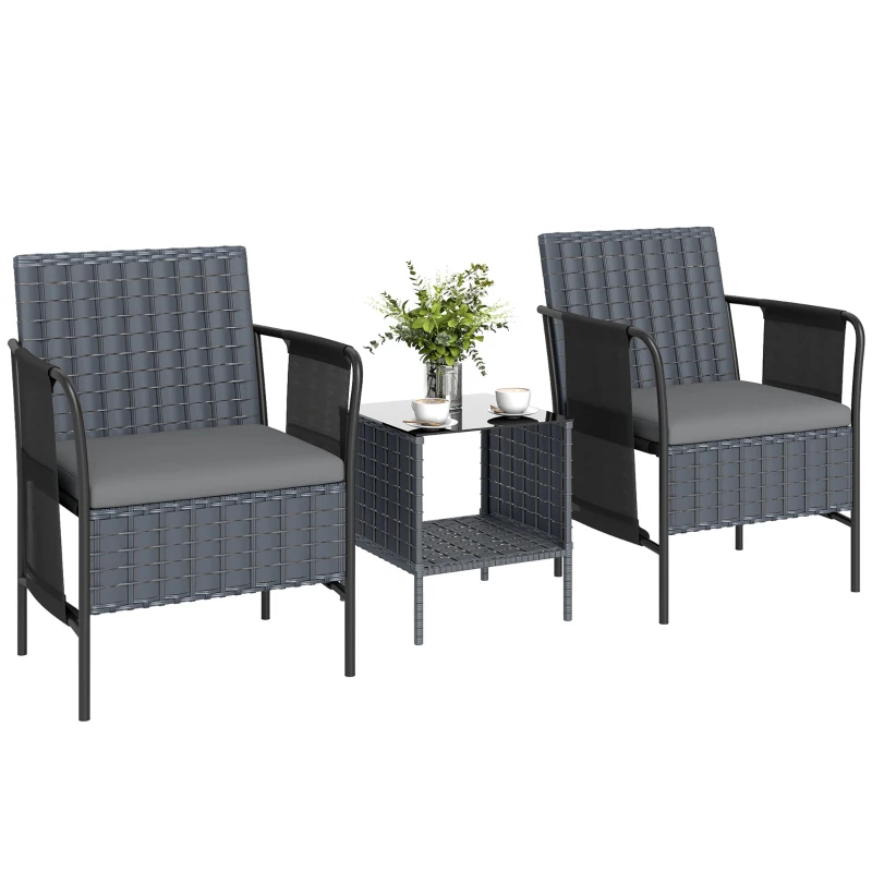Outsunny 3 Piece Wicker Patio Furniture Set, Outdoor Bistro Set, Side Pockets, Mesh Seat, 2 Tier Glass Table, Cushions, Grey