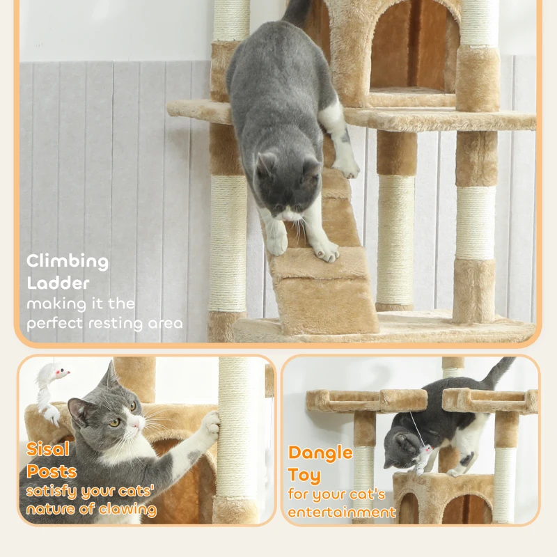 PawHut 68-inch Multi-Level Cat Scratching Tree Kitty Activity Center Post Tower Condo Pet Furniture w/ Toy Light Brown