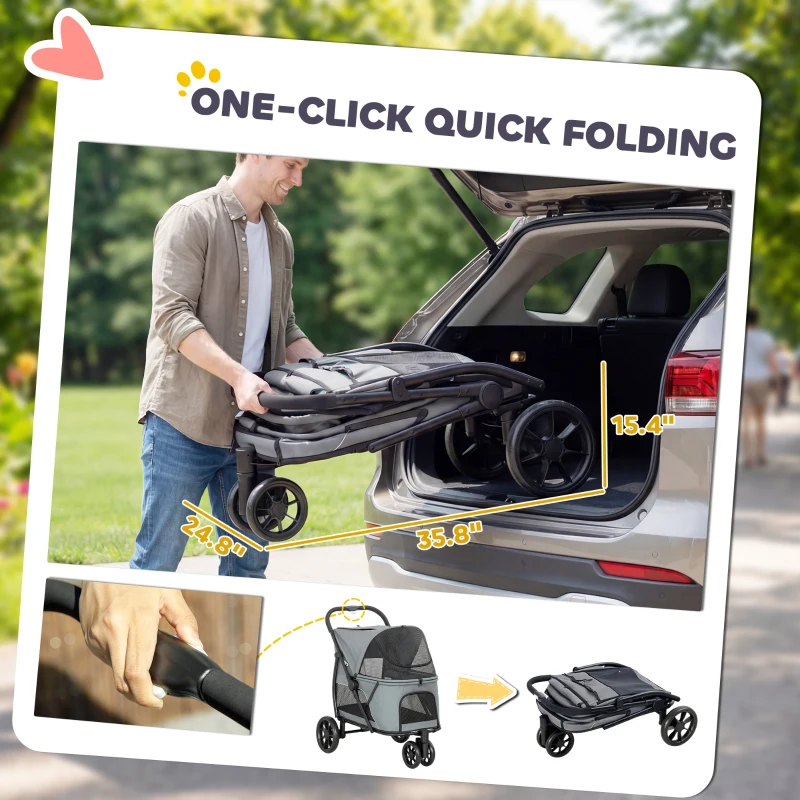 PawHut 3 Wheel Pet Stroller with Easy One-Click Quick Fold, Mesh Window, Washable Cushion, for Medium Dogs, Gray