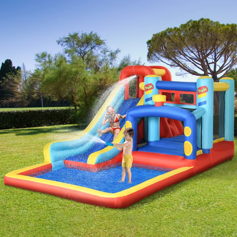 Qaba 14.3 x 8FT Inflatable Bounce House, 4 in 1 Bouncy Castle with Slide, Climbing Wall, Jumping Area, Pool and Blower