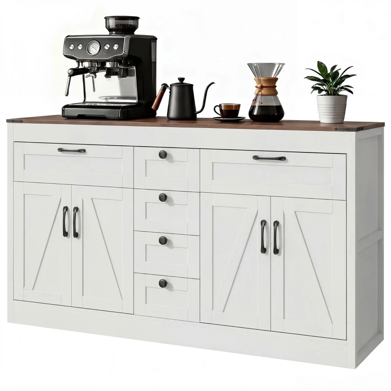 HOMCOM Sideboard Buffet Cabinet, 55" Farmhouse Kitchen Cabinet with 4 Barn Doors, 6 Drawers and 2 Adjustable Shelves, White