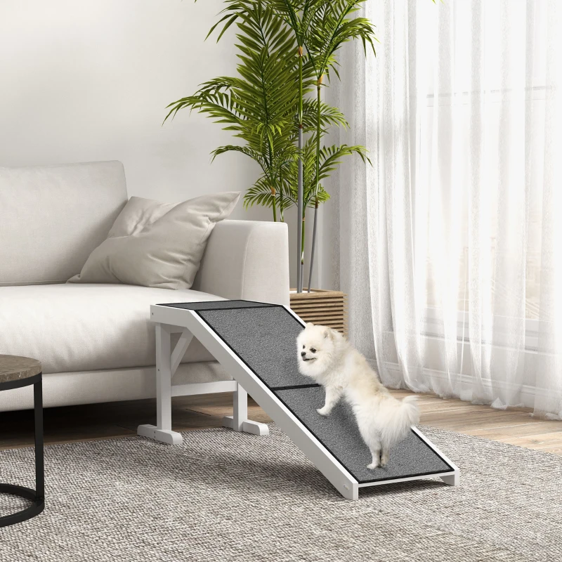 PawHut Pet Ramp Bed Steps for Dogs Cats Non-slip Carpet Top Platform Pine Wood 59"L x 16"W x 20"H White