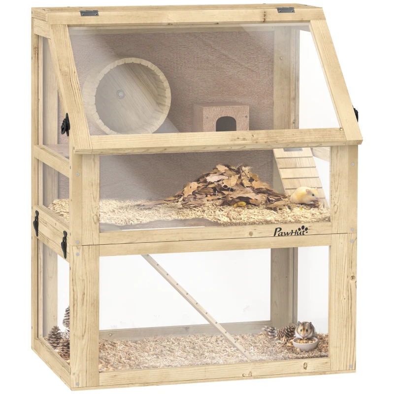 PawHut Wooden Hamster Cage, 3 Tier Gerbil Cage with Deep Bottom, Hut, Seesaw, Exercise Wheel, Ramps, 24" x 16" x 29.5"