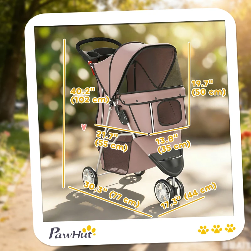 PawHut 3 Wheels Foldable Dog Stroller with Storage Basket, Adjustable Canopy, Cupholder for Miniature and Small Dogs, Coffee