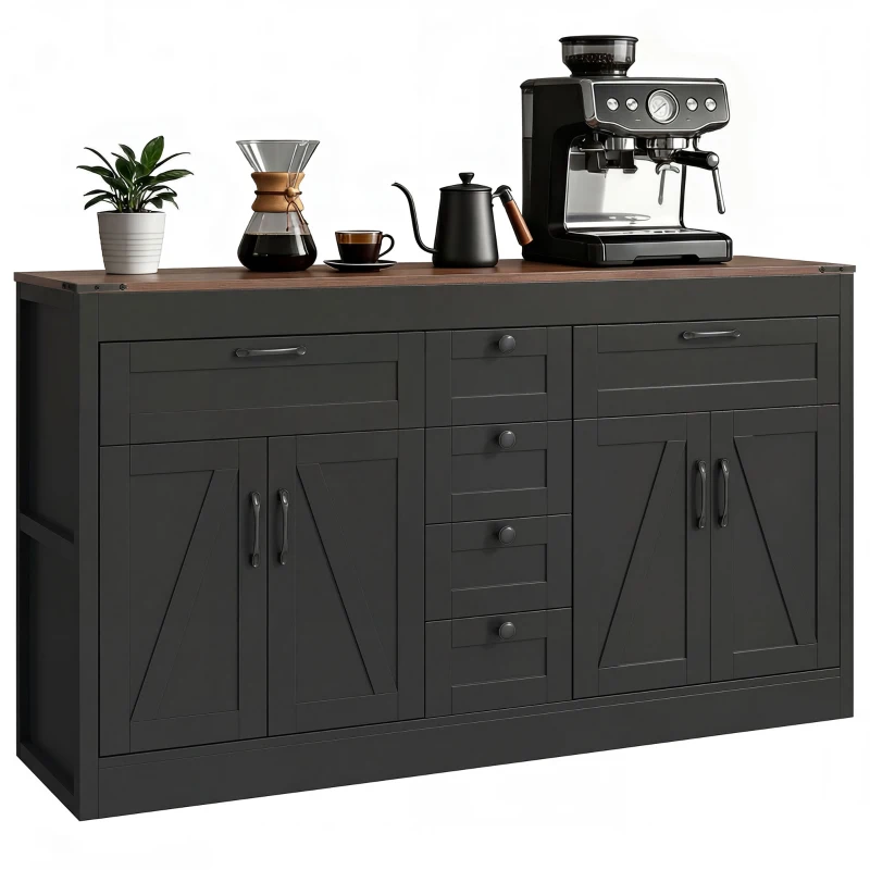 HOMCOM Sideboard Buffet Cabinet, 55" Farmhouse Kitchen Cabinet with 4 Barn Doors, 6 Drawers and 2 Adjustable Shelves, Black