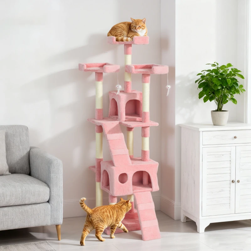 PawHut 68-inch Multi-Level Cat Scratching Tree Kitty Activity Center Post Tower Condo Pet Furniture w/ Toy Pink