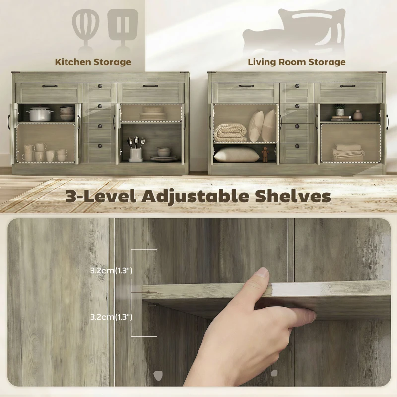 HOMCOM Sideboard Buffet Cabinet, 55" Farmhouse Kitchen Cabinet with 4 Barn Doors, 6 Drawers and 2 Adjustable Shelves, Grey