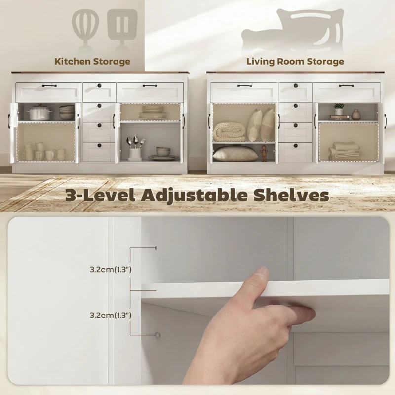 HOMCOM Sideboard Buffet Cabinet, 55" Farmhouse Kitchen Cabinet with 4 Barn Doors, 6 Drawers and 2 Adjustable Shelves, White