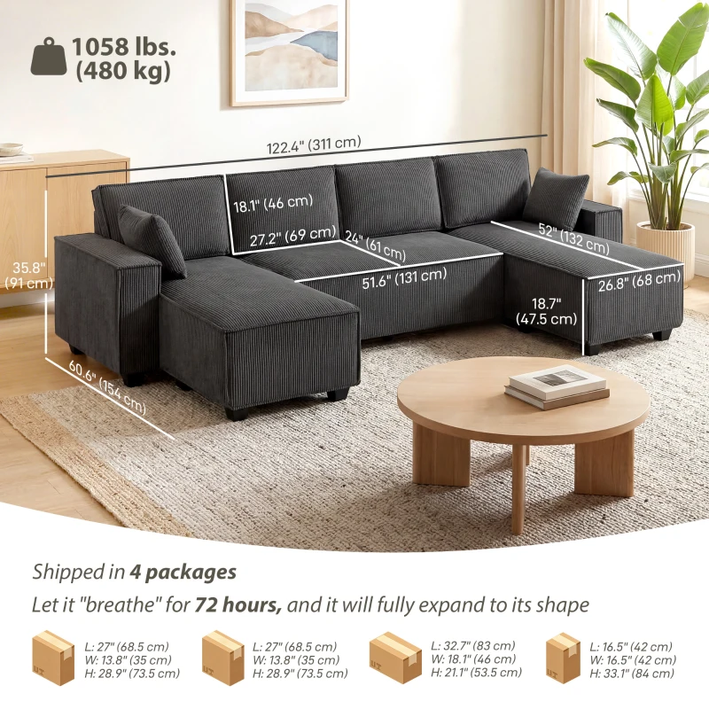 HOMCOM Modular U Shaped Couch, Sectional Sofa with Double Chaises and Spring Cushions, Dark Grey