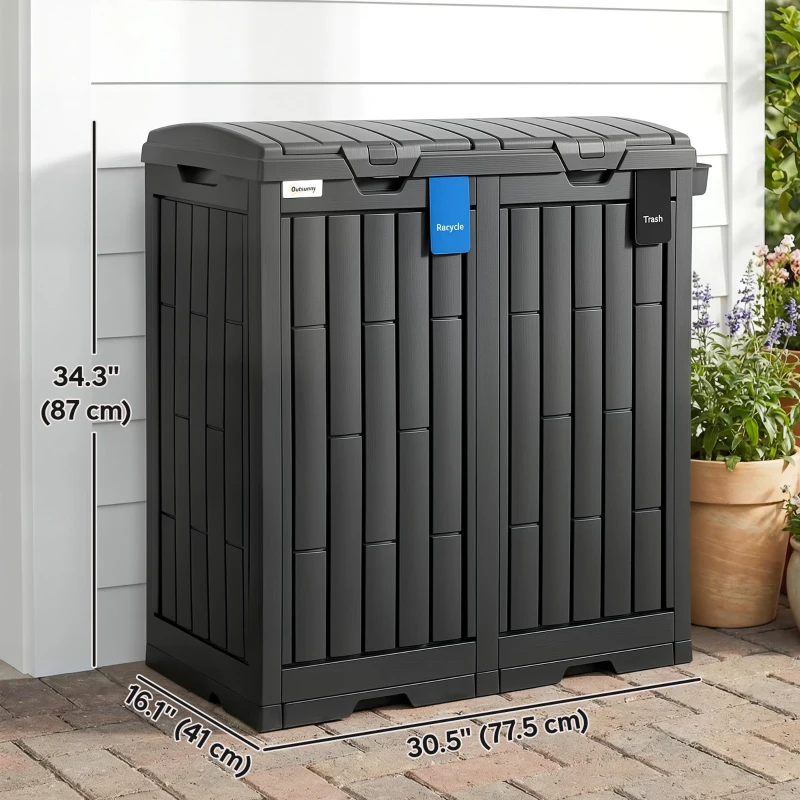 Outsunny 58 Gallon Double Outdoor Garbage Bin with Dual Lid, Plastic Outdoor Waste Trash Can with Ash Holder and Drip Trays