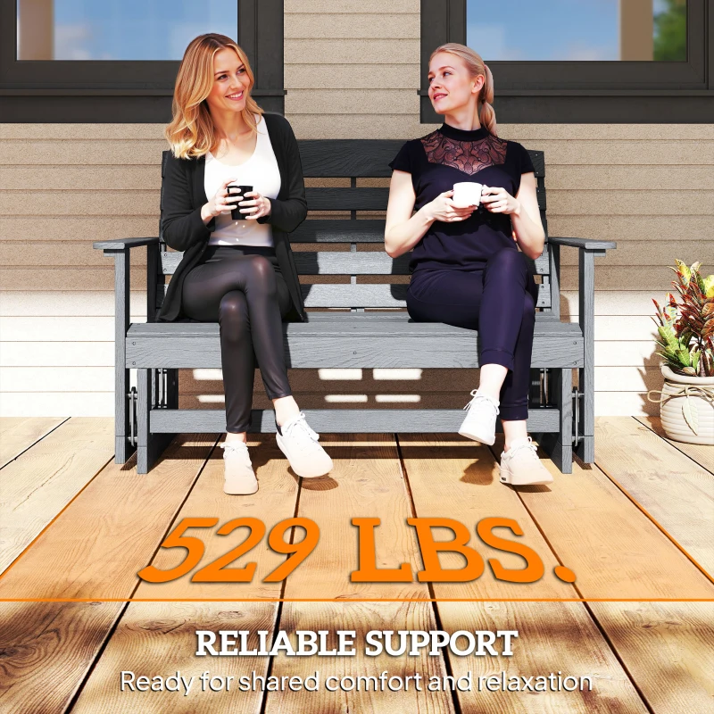 Outsunny Patio Glider Bench w/ HDPE Slatted Double Rocking Chair, Distressed Gray