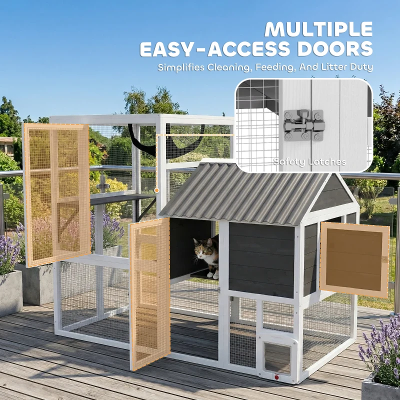PawHut Catio Outdoor Cat Enclosure, 63" L Large Cat House with 4-Way Adjustable Door, Private House, Hammock, 2 Platforms