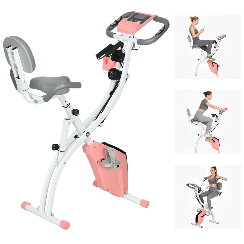 Soozier 3 in 1 Folding Exercise Bike, Foldable Stationary Bike with 8-Level Magnetic Resistance, Adjustable Seat, Pink