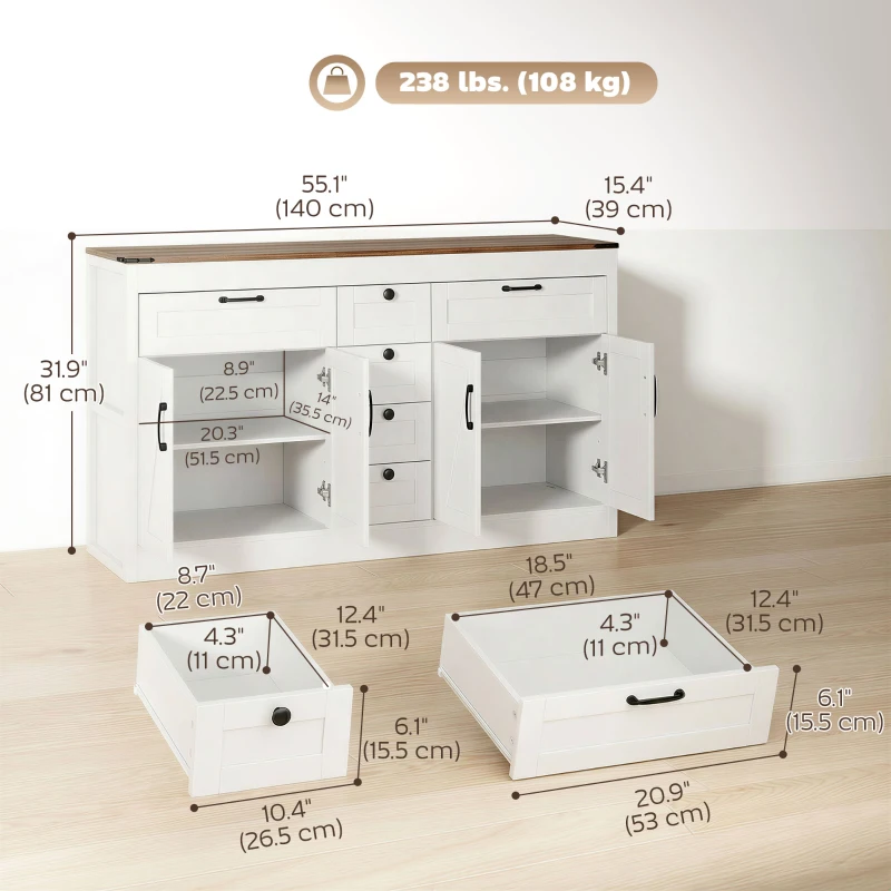 HOMCOM Sideboard Buffet Cabinet, 55" Farmhouse Kitchen Cabinet with 4 Barn Doors, 6 Drawers and 2 Adjustable Shelves, White