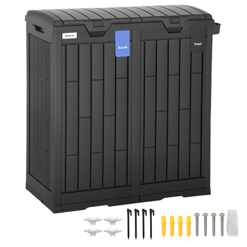 Outsunny 58 Gallon Double Outdoor Garbage Bin with Dual Lid, Plastic Outdoor Waste Trash Can with Ash Holder and Drip Trays