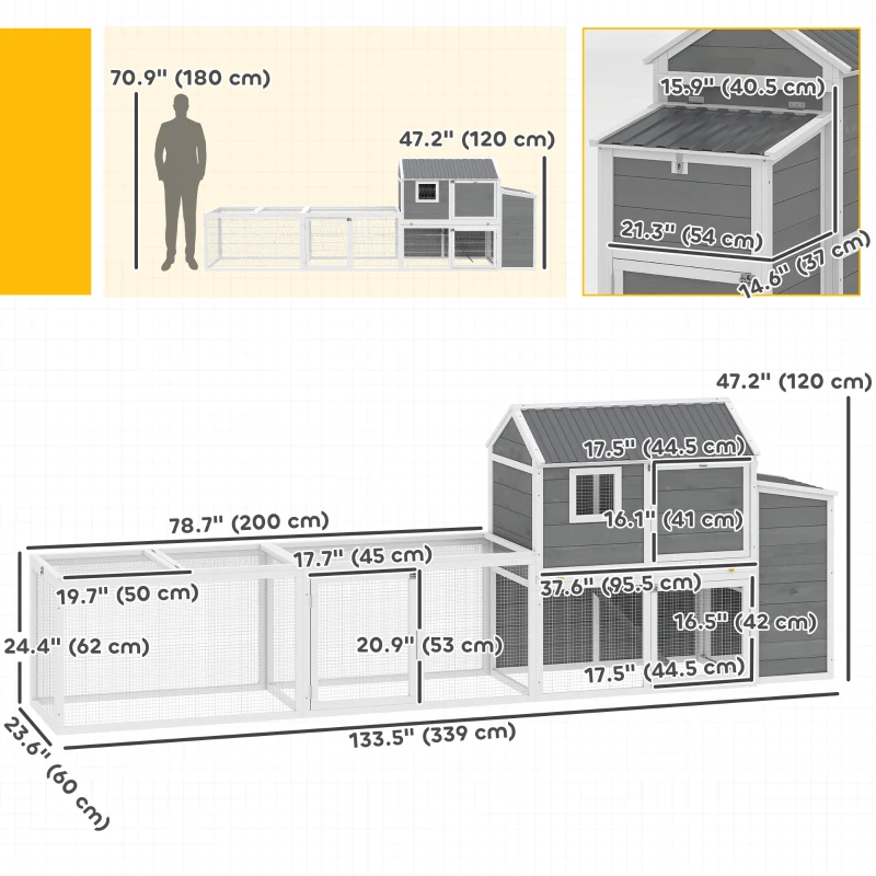 PawHut Large Chicken Coop, 134"L Wooden Chicken House with Run, Nesting Box, Slide-Out Tray, Waterproof Roof and Ramp