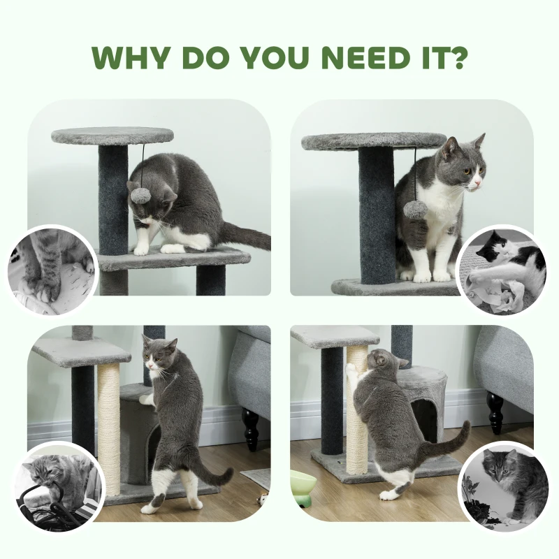 PawHut Cat Tree Cat Tower Multi-Level with Sisal Scratching Post for Kittens and Adults Grey Large 41"H
