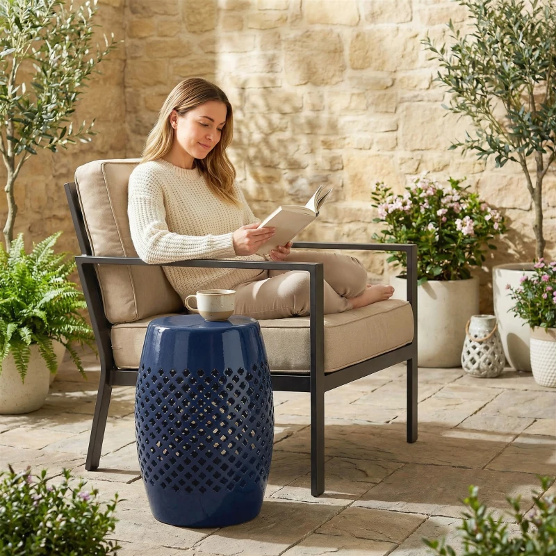 Outsunny 12" Steel Patio End Table, Round Hollow Drum Side Table, Accent Table for Indoor and Outdoor, Navy Blue