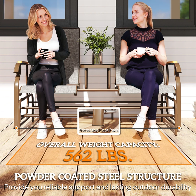 Outsunny Outdoor 2-Person Glider Bench, Outside Glider Swing Chair Loveseat with Table, Steel Frame, Light Mixed Brown